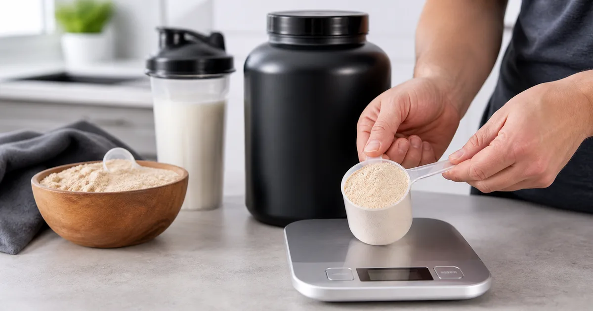 Scoop de suplemento y etiqueta nutricional para revisar creatina