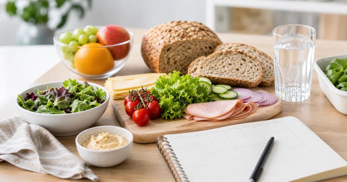 Ingredientes de bocadillo saludable organizados con un plan semanal