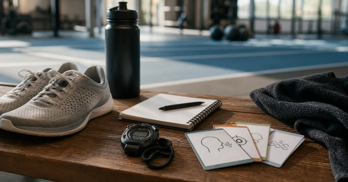 Material de entrenamiento mental con cronómetro, libreta y zapatillas