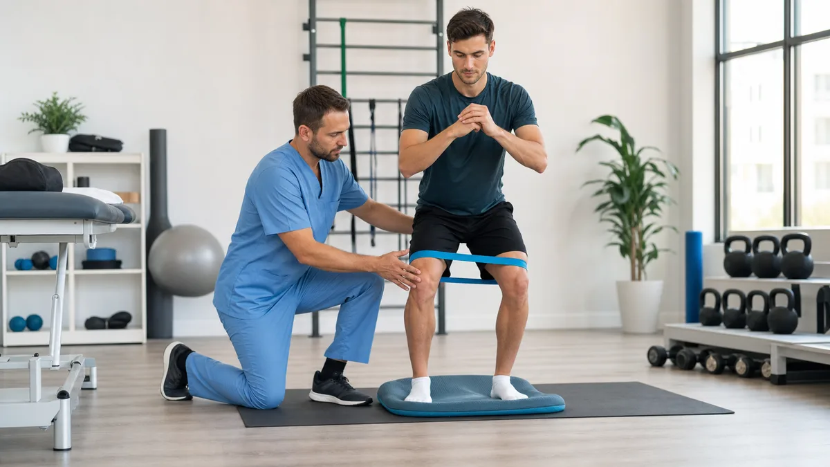 Fisioterapeuta guiando un ejercicio de rehabilitación deportiva con banda elástica